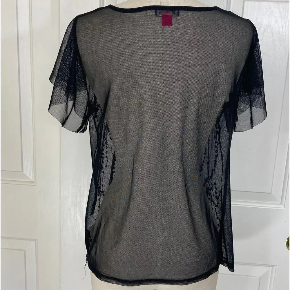 Vince Camuto Black sequin top, New mesh sequin fringe flutter sleeve top - Picture 4 of 8